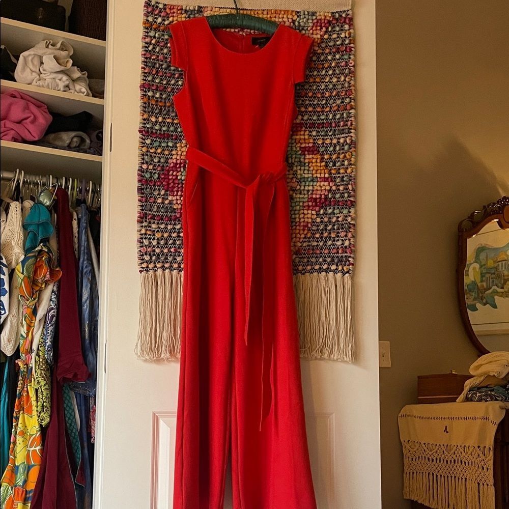 J. Crew Red Cap-Sleeve Jumpsuit with Waist Tie